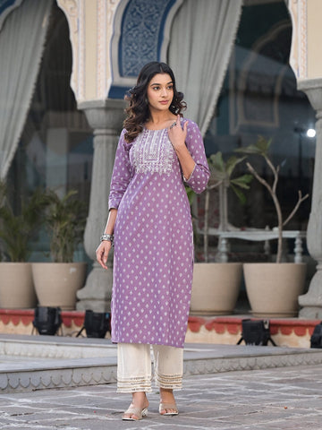 Varanga Mauve Straight Kurta With Embroidered Yoke